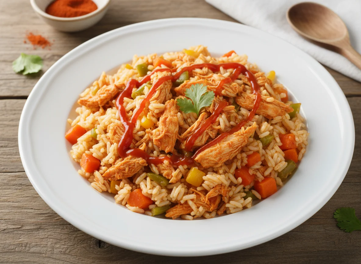 Pollo desmenuzado con arroz y verduras photo