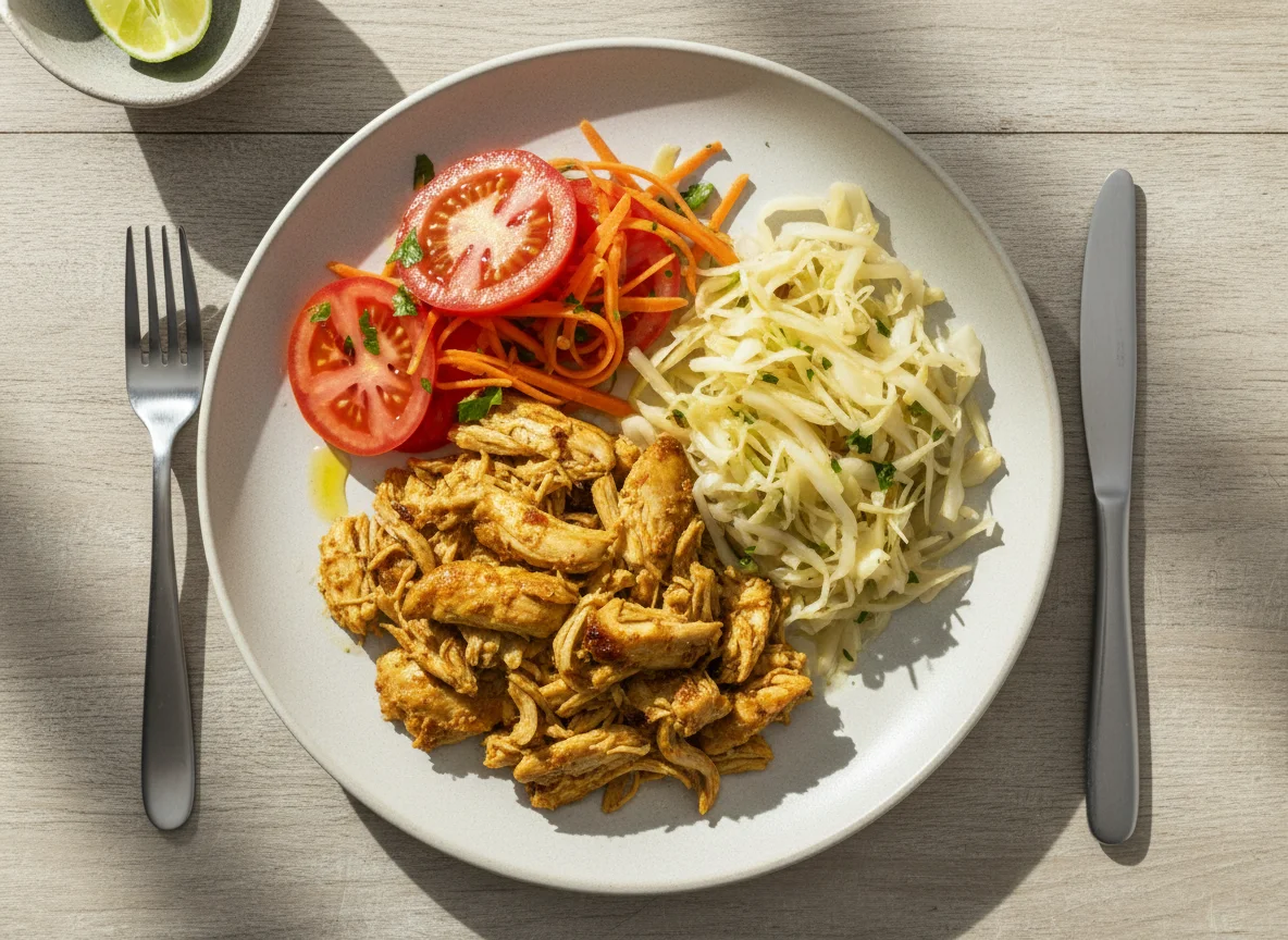 Pollo desmenuzado con chucrut y ensalada photo