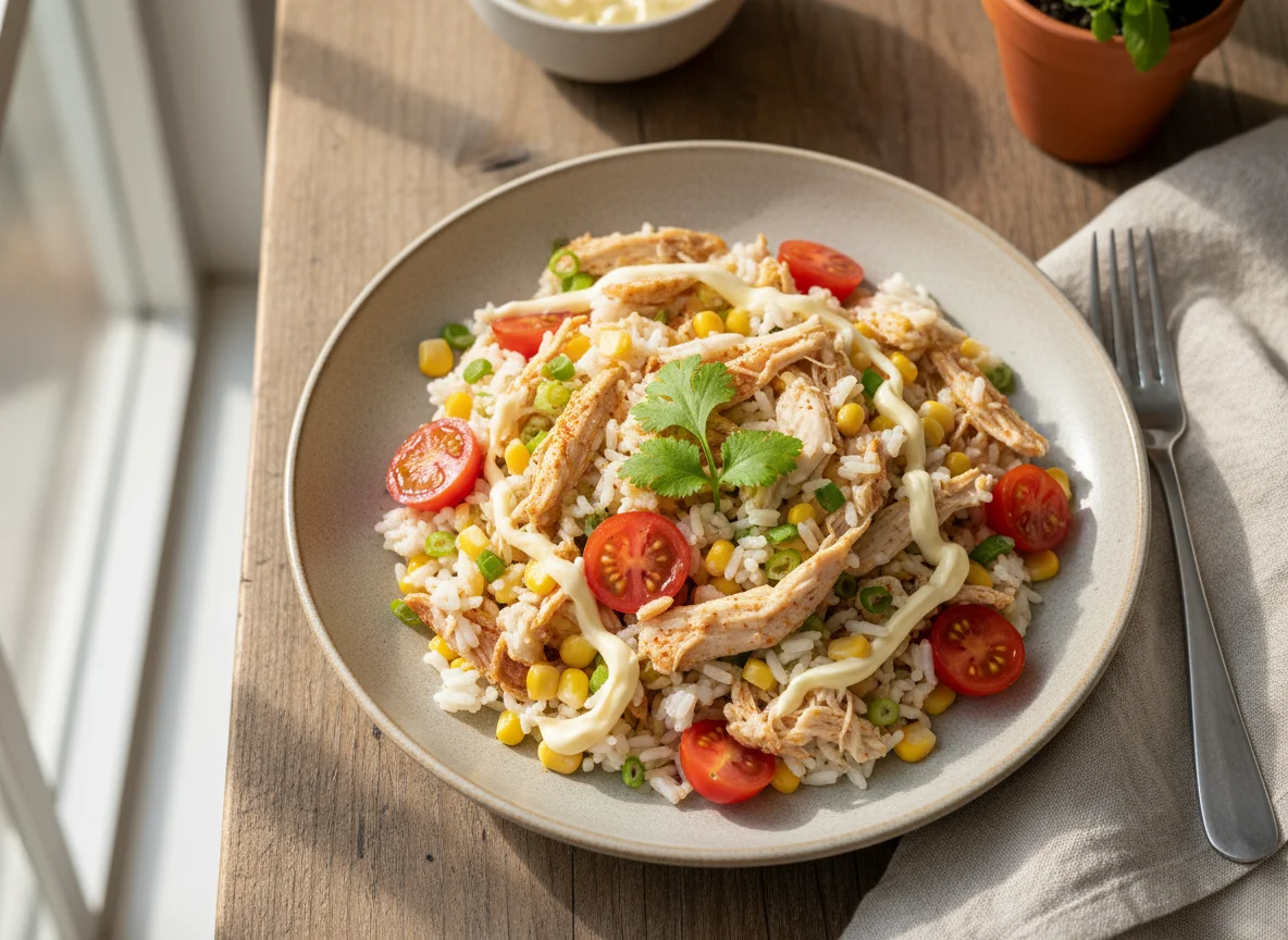 Pollo desmenuzado con ensalada de arroz photo