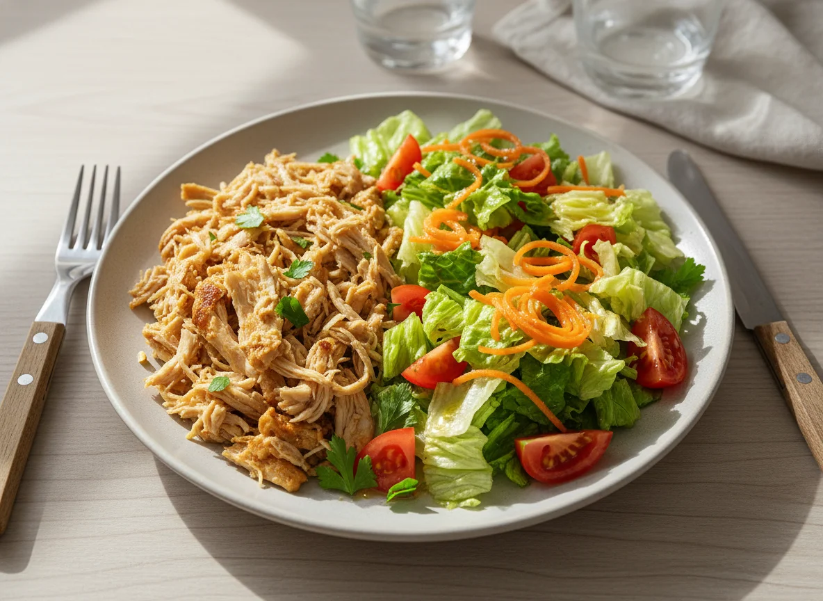 Pollo desmenuzado con ensalada de zanahoria, lechuga y tomate photo