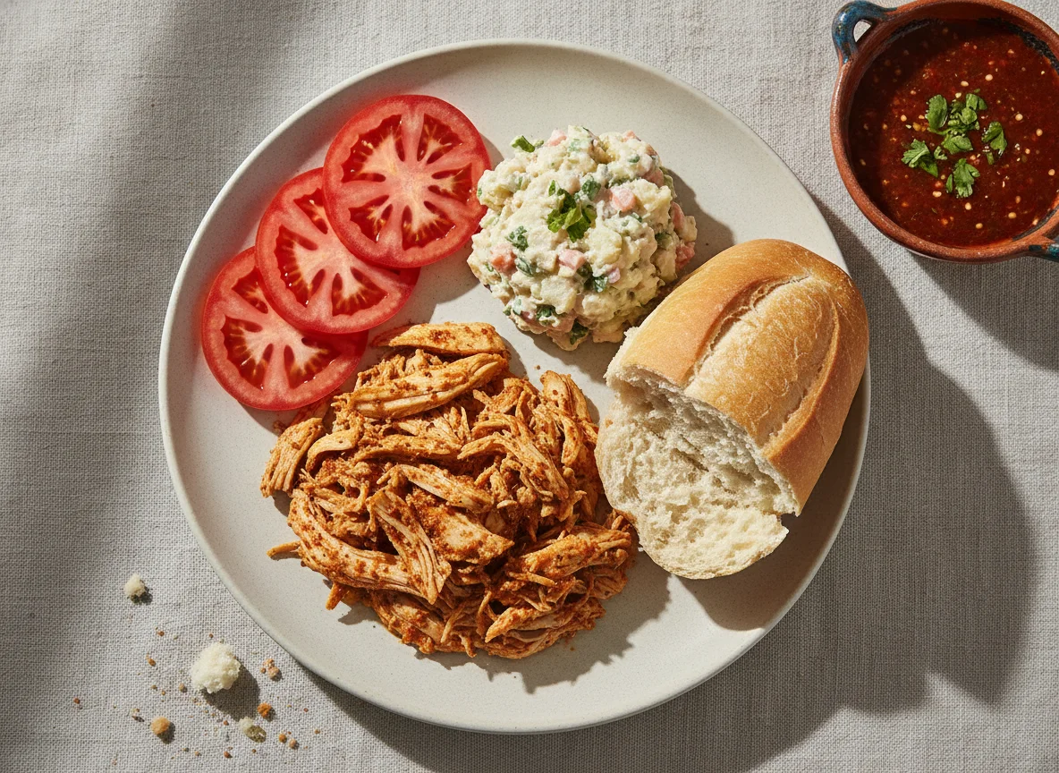 Pollo desmenuzado con ensalada y bolillo photo