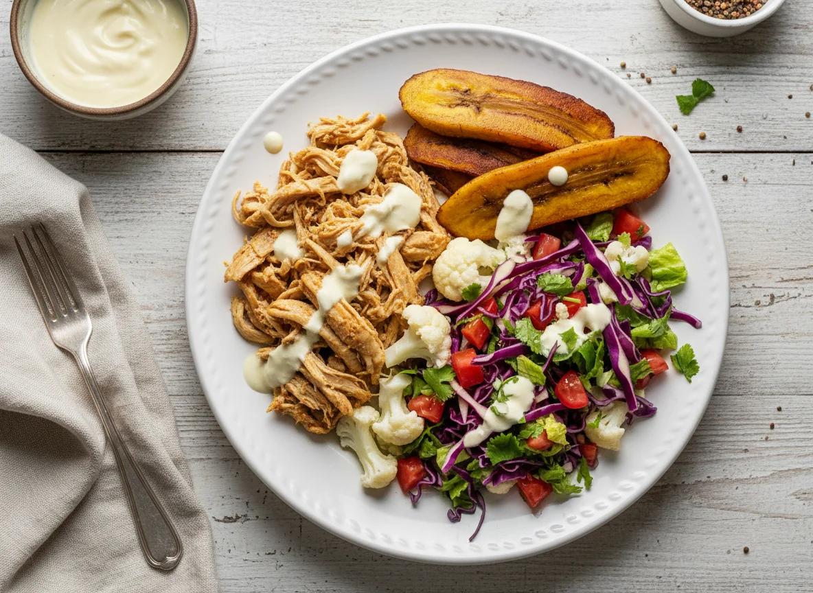 Pollo desmenuzado con ensalada y plátano frito photo