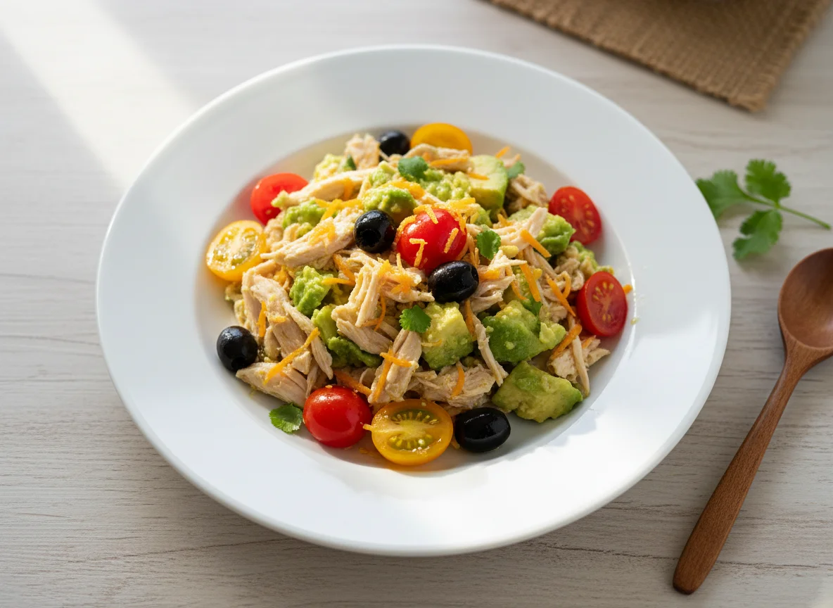 Pollo desmenuzado con palta, tomates cherry, aceitunas y calabaza rallada photo