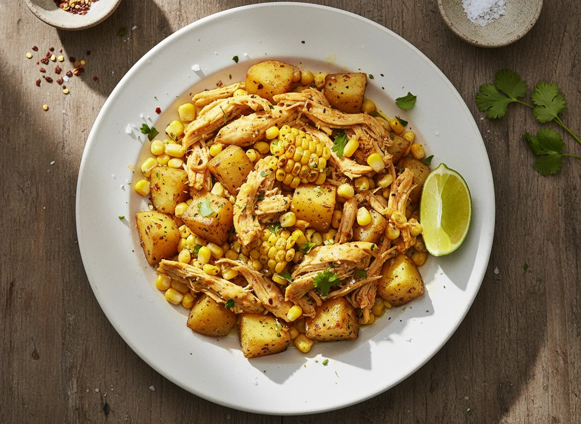 Pollo desmenuzado con papas y choclo photo