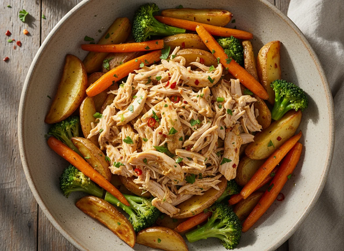 Pollo desmenuzado con patatas, brócoli y zanahorias photo
