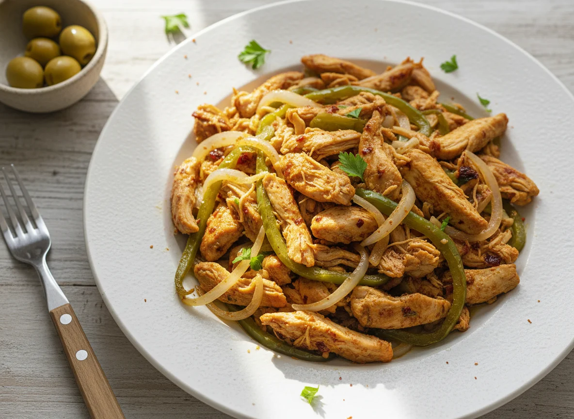 Pollo desmenuzado con pimientos y cebolla photo