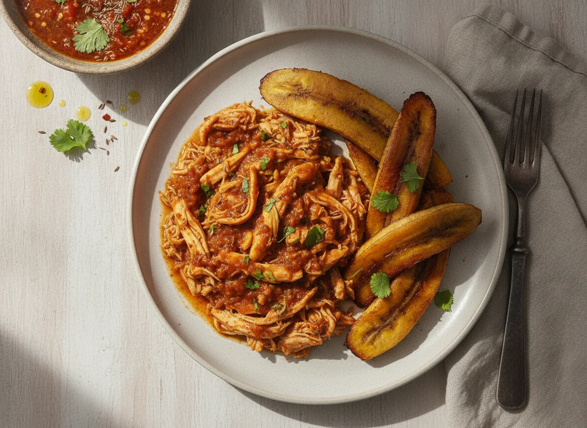 Pollo desmenuzado con plátano cocido photo