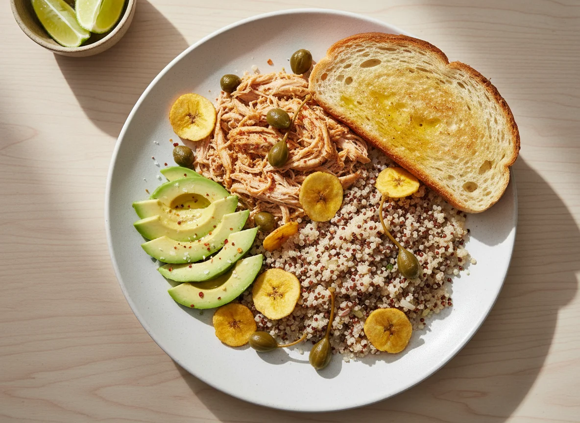 Pollo desmenuzado con quinoa, aguacate y tostada photo