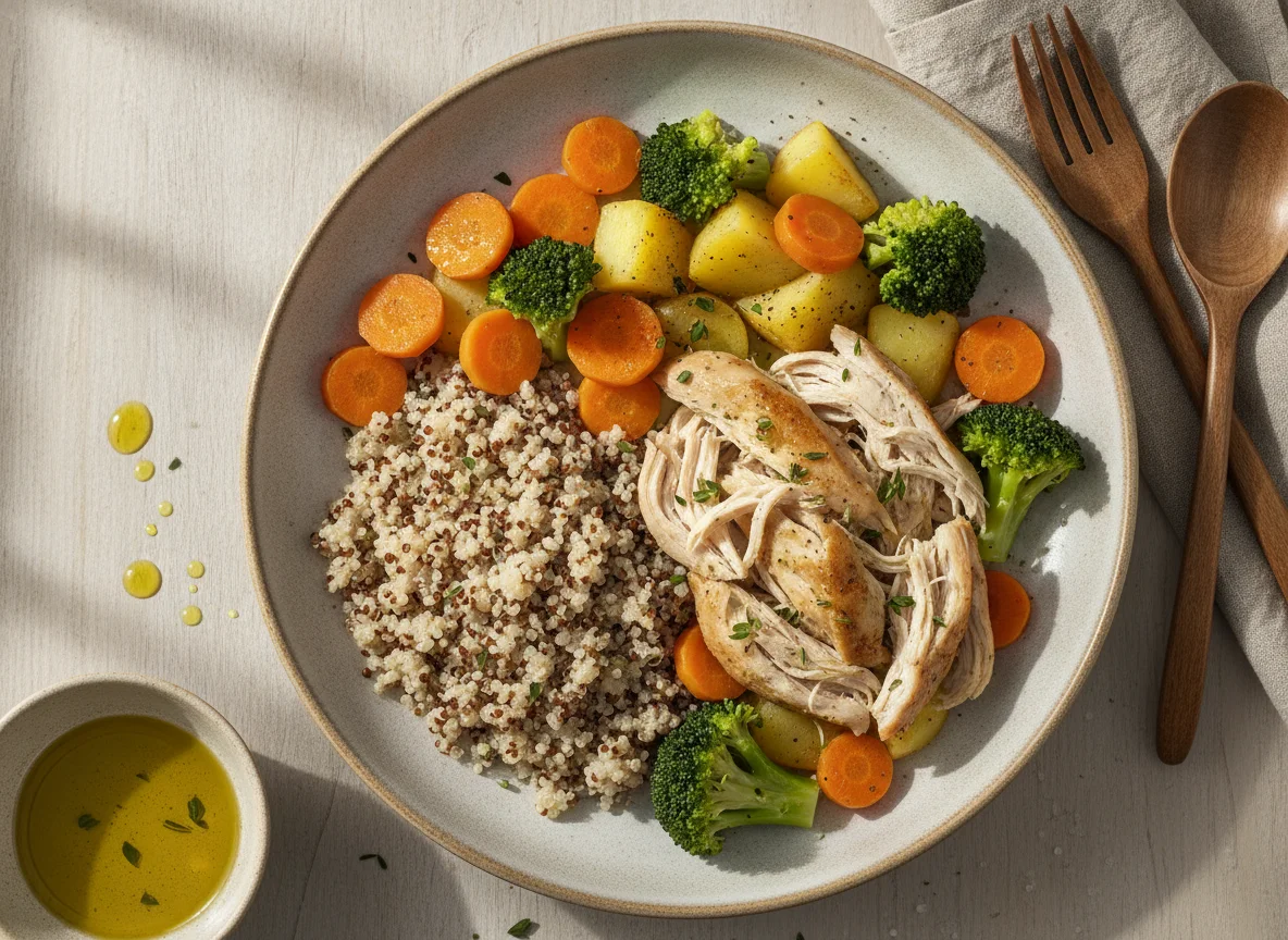 Pollo desmenuzado con quinoa, brócoli, patatas y zanahorias photo
