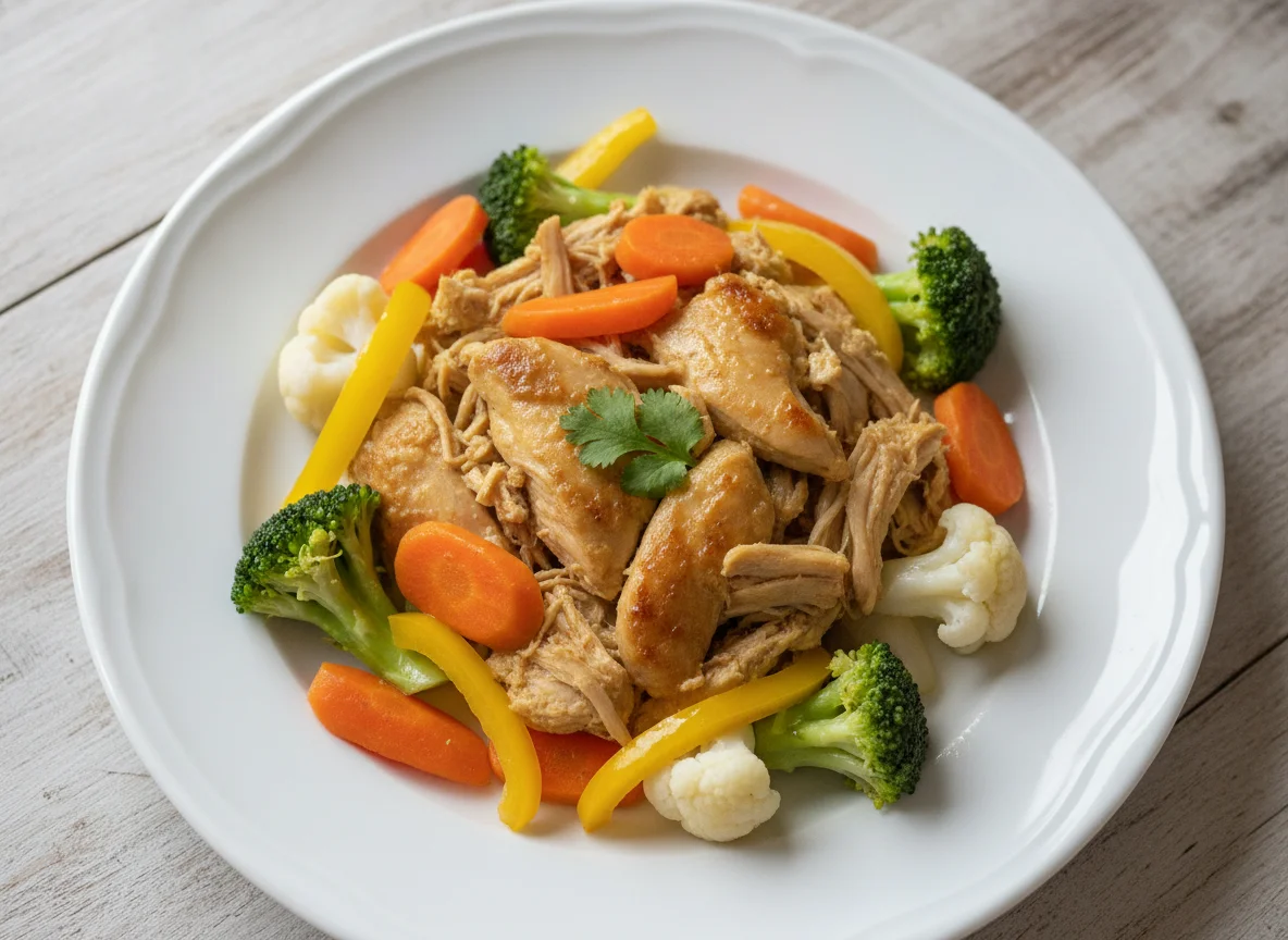 Pollo desmenuzado con verduras al vapor photo