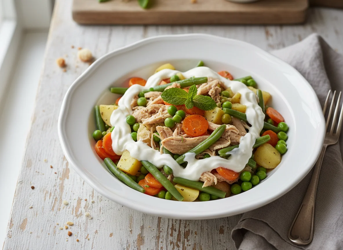 Pollo desmenuzado con verduras y salsa de yogur photo
