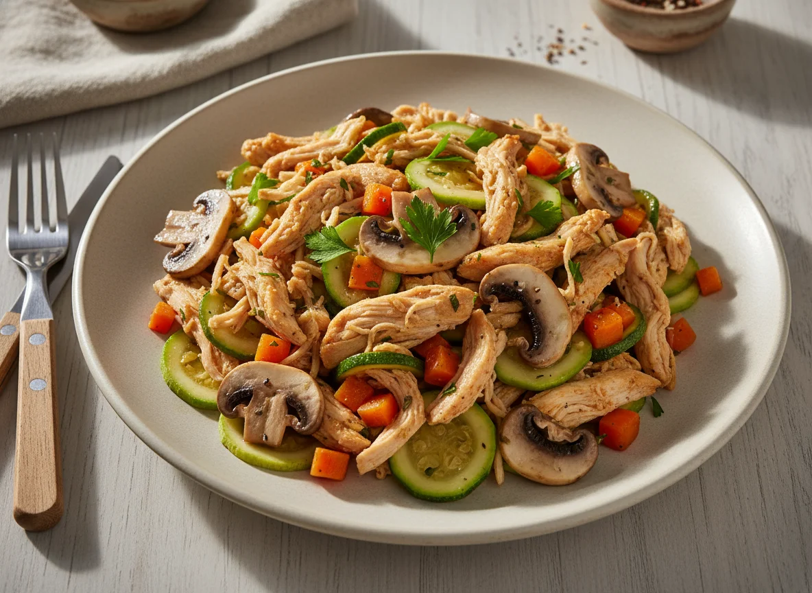 Pollo desmenuzado con zapallo italiano y champiñones photo