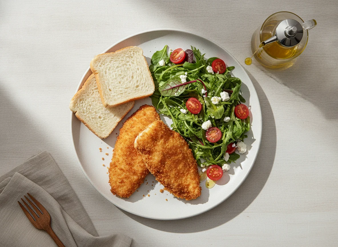 Pollo empanado con ensalada y pan photo