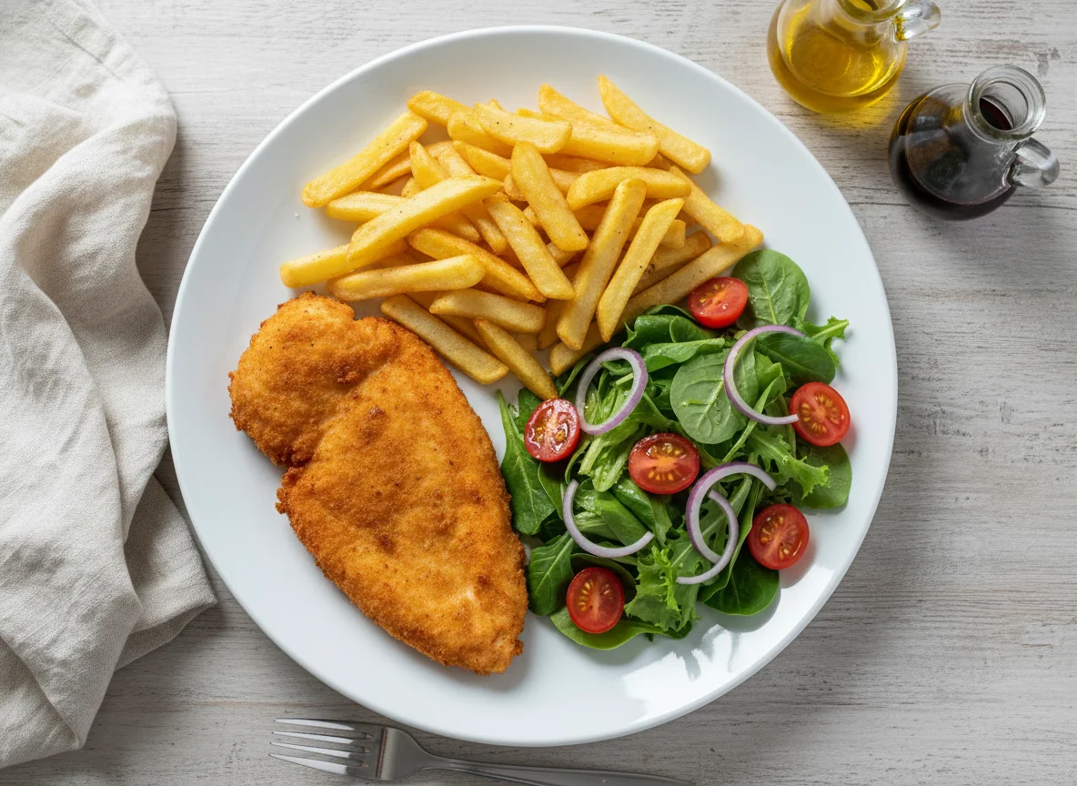 Pollo empanado con patatas fritas y ensalada photo