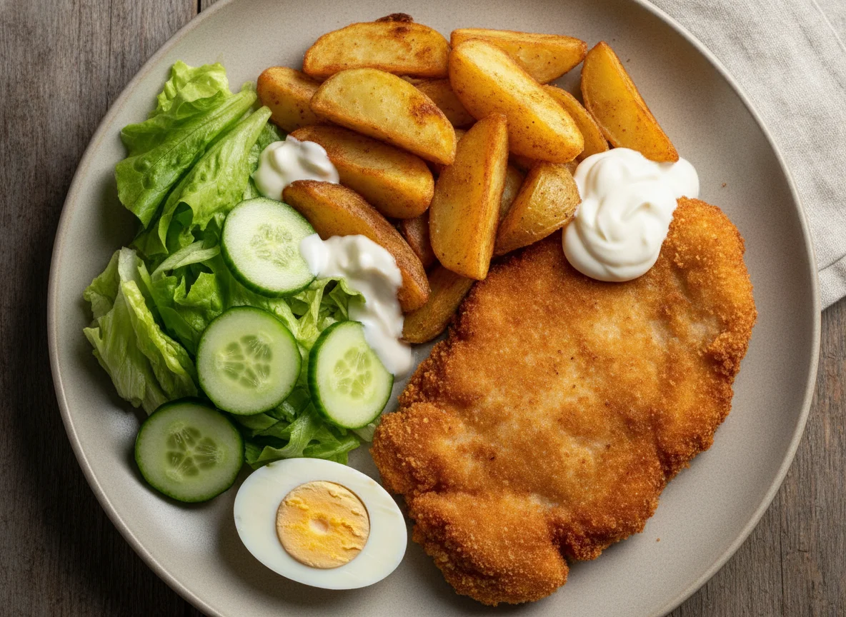 Pollo empanado con patatas gajo, huevo cocido y ensalada photo