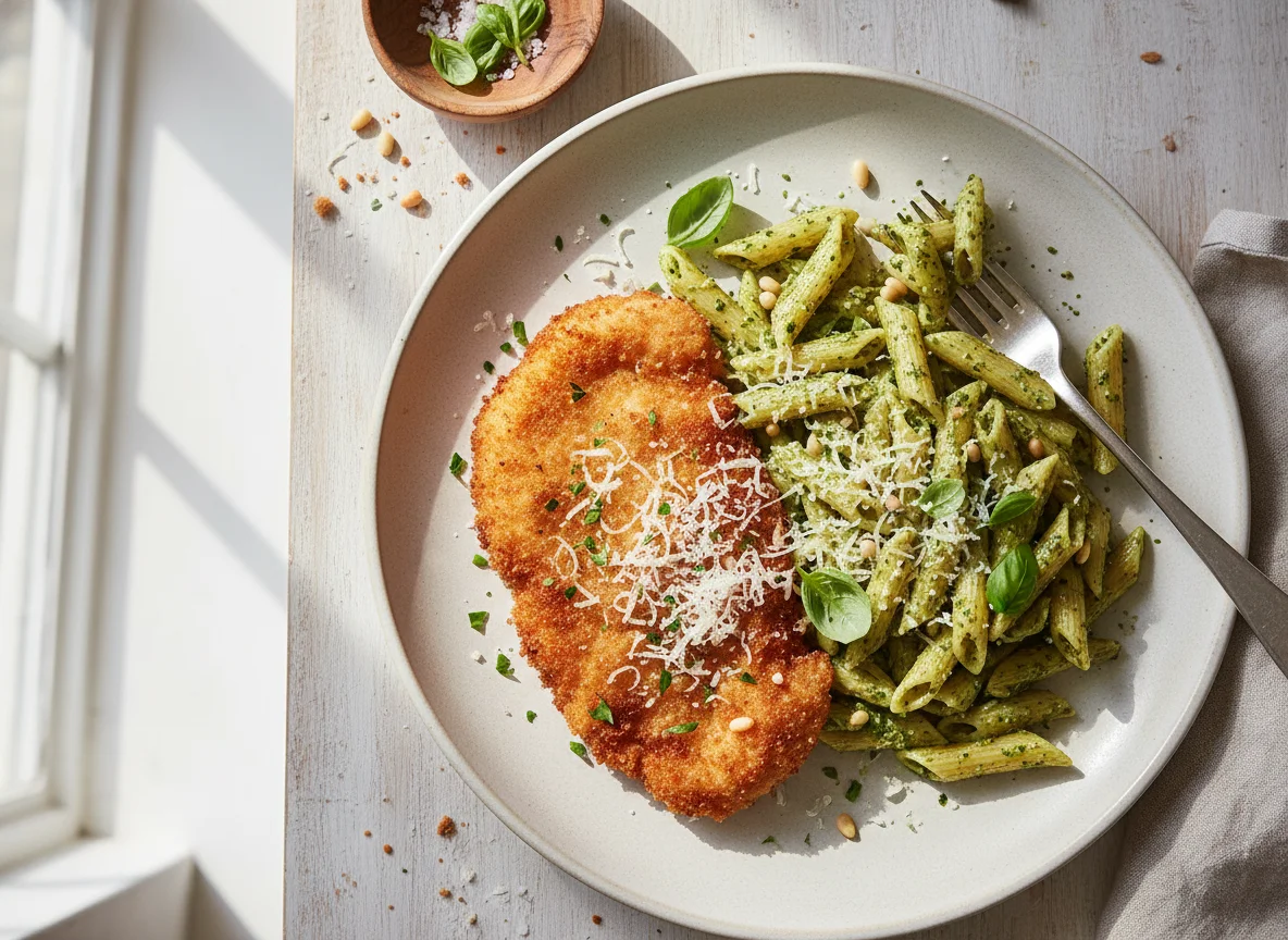 Pollo empanizado con pasta al pesto photo