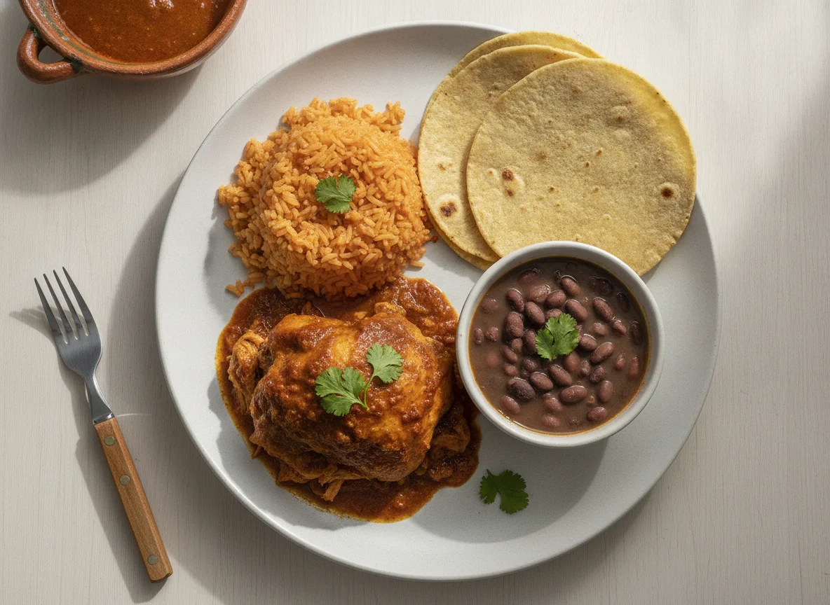 Pollo en adobo con arroz, frijoles y tortillas photo