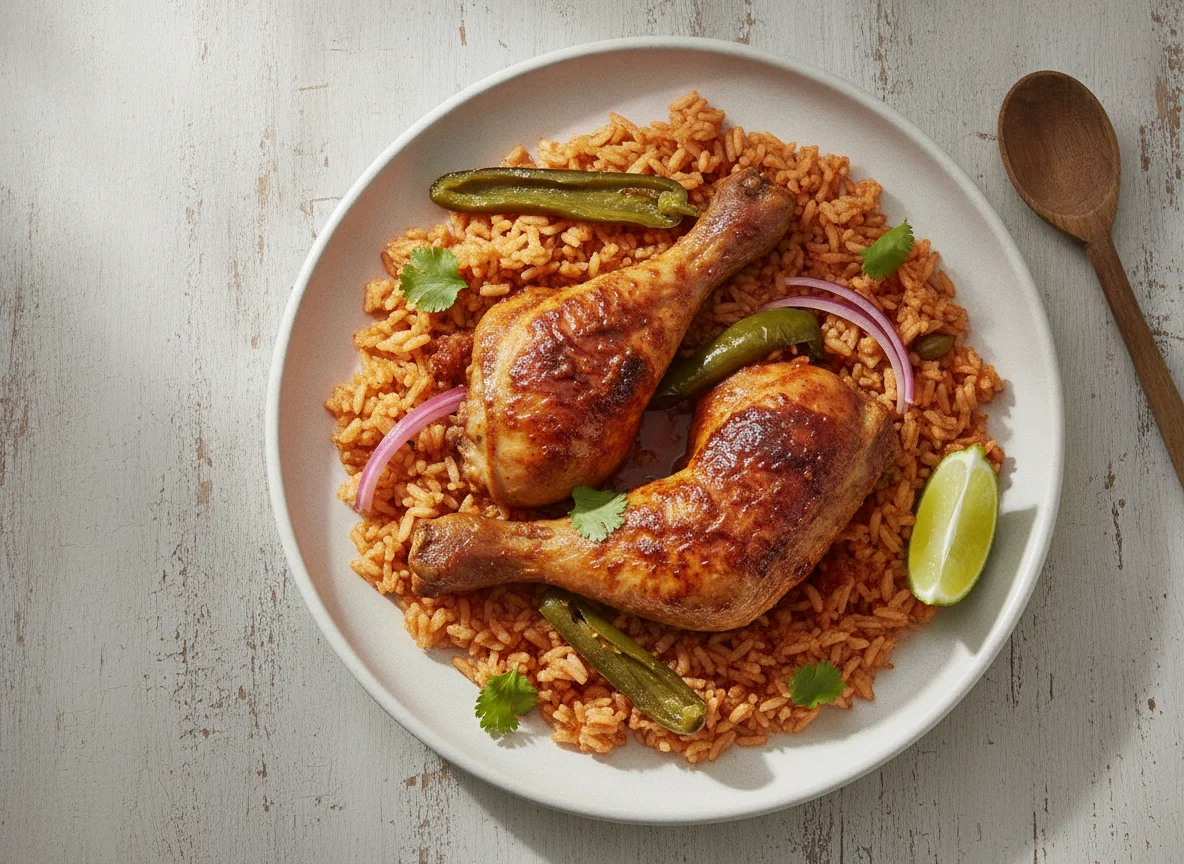 Pollo en adobo con arroz rojo photo