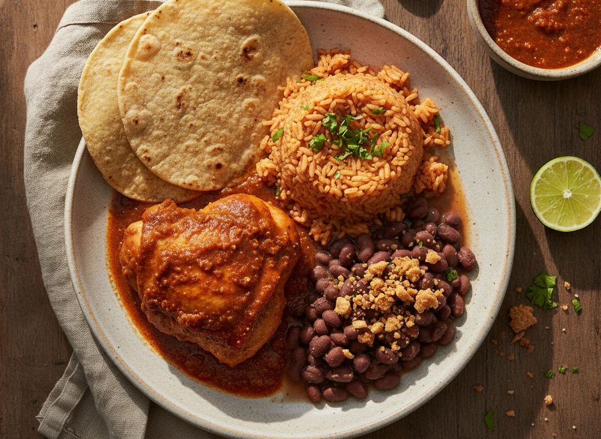 Pollo en adobo con arroz y frijoles photo