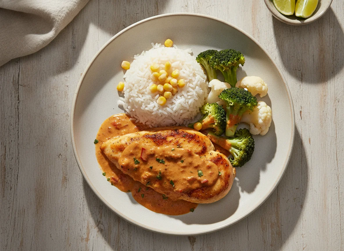 Pollo en crema de chipotle con arroz y verduras photo