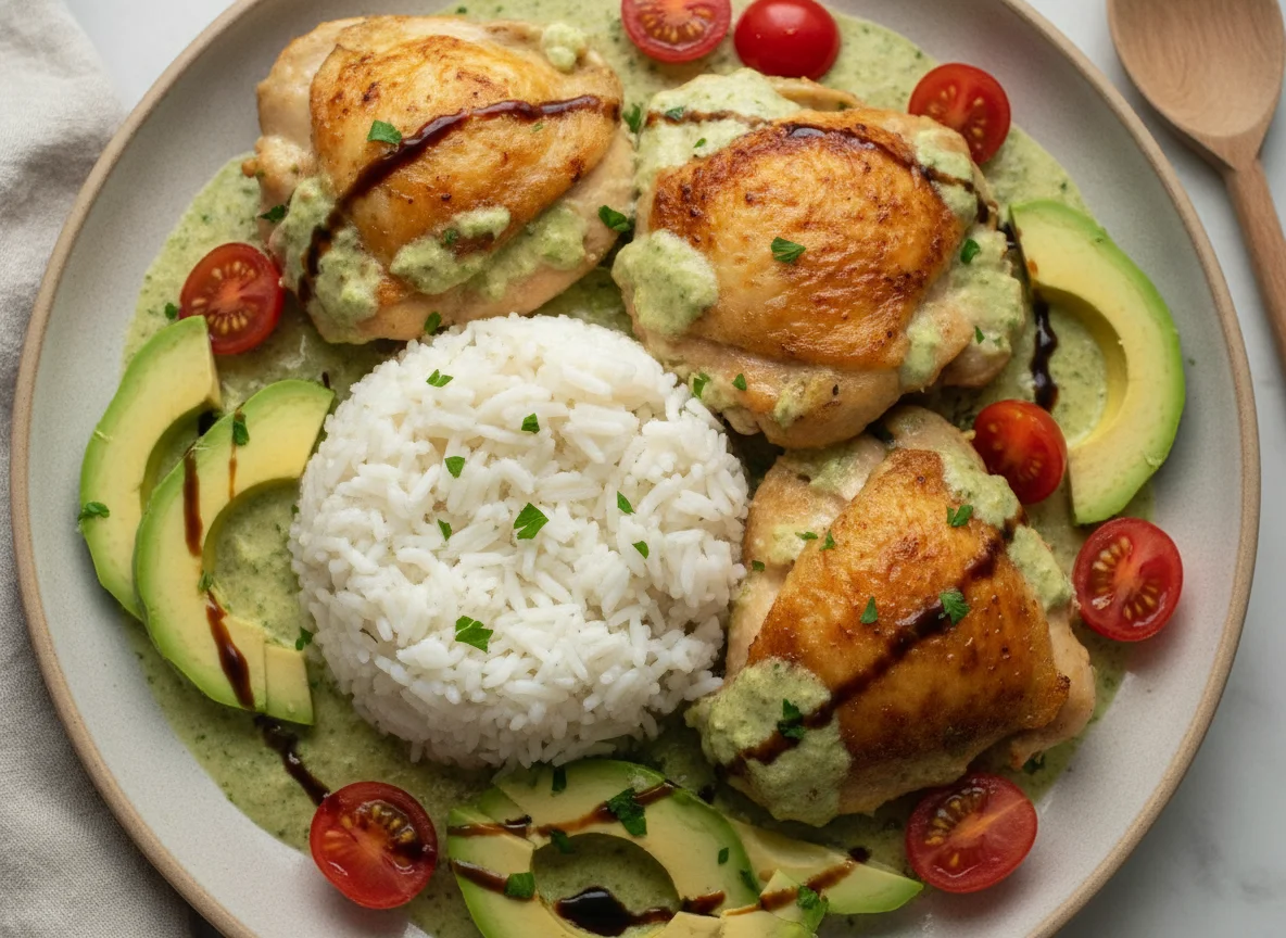 Pollo en salsa con arroz, aguacate y tomates cherry photo