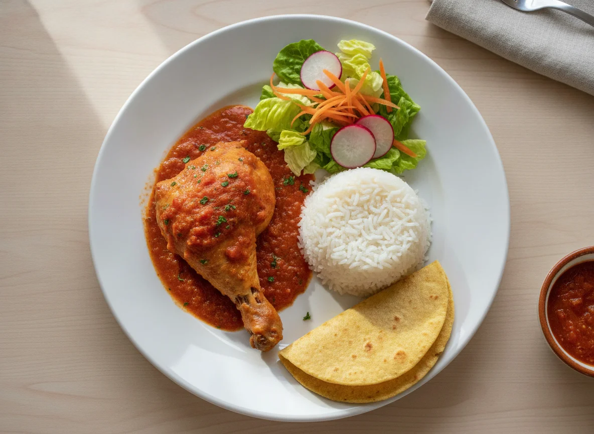 Pollo en salsa con arroz, ensalada y tortilla photo