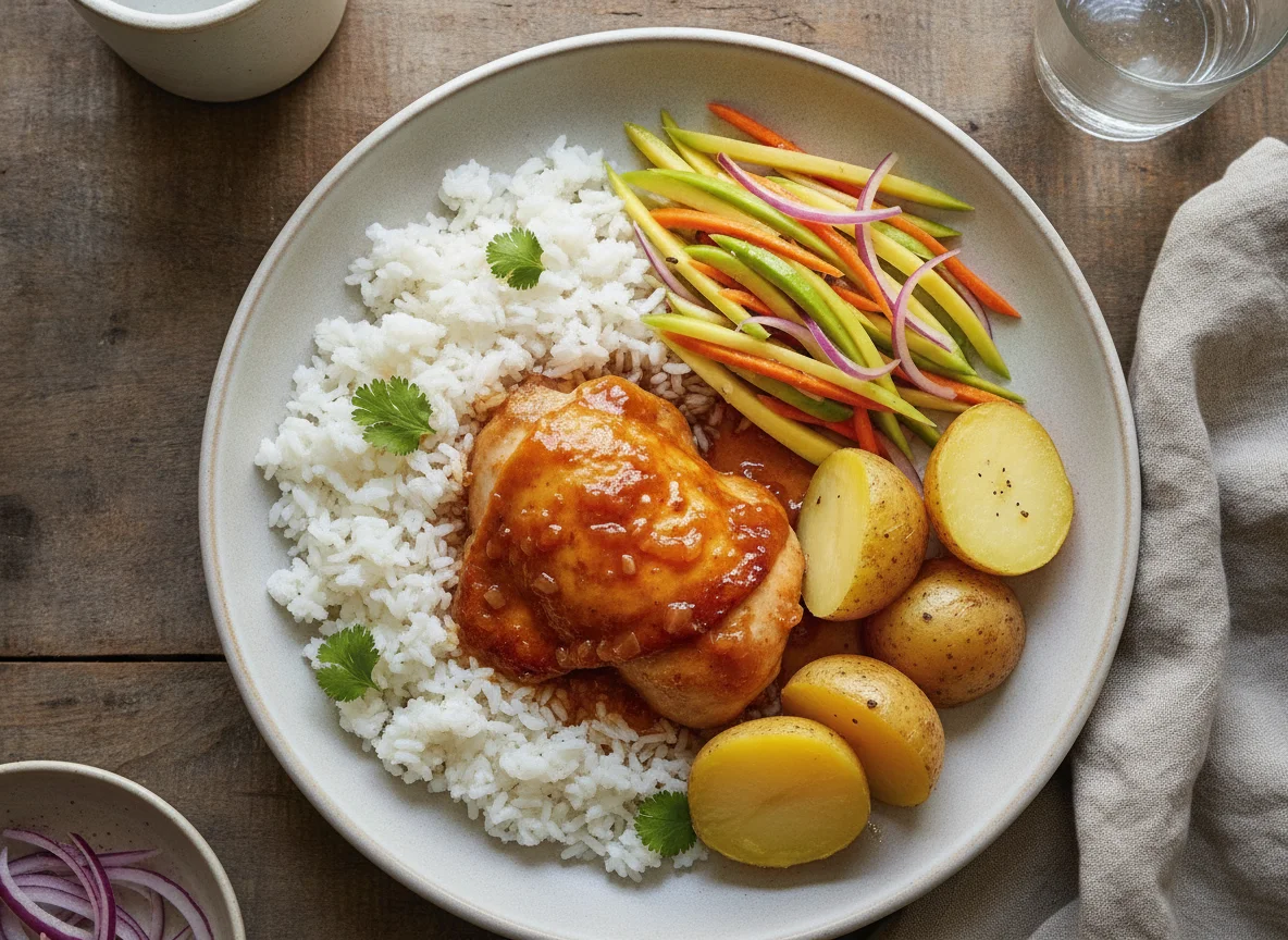 Pollo en salsa con arroz, papa y ensalada photo