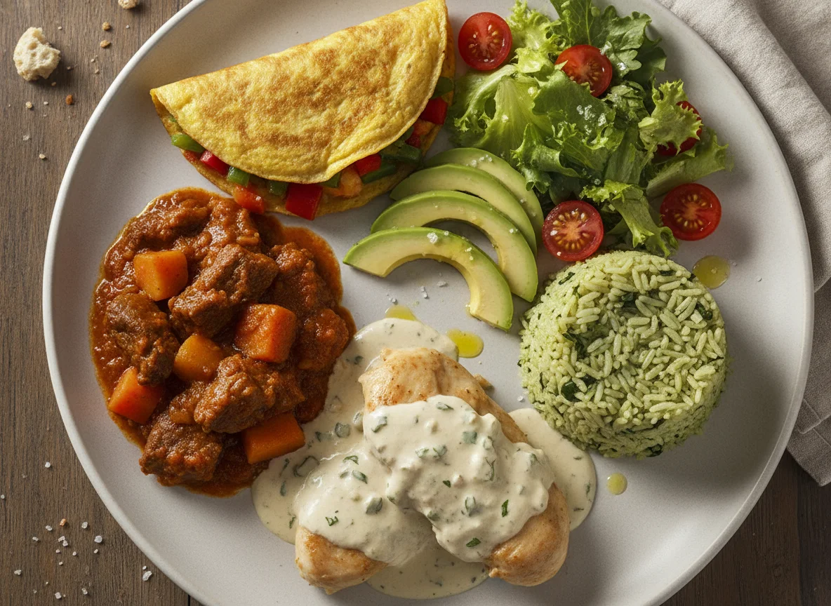 Pollo en salsa con arroz verde y carne photo
