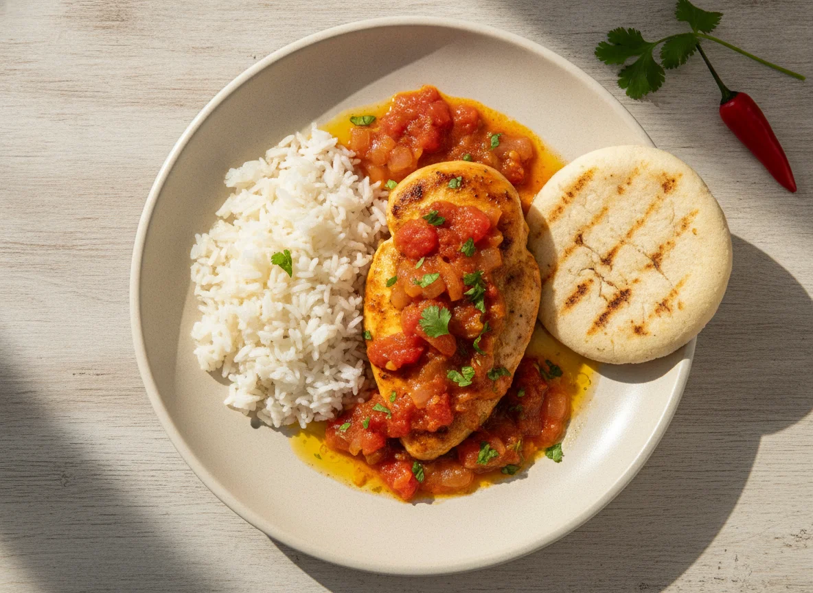 Pollo en salsa con arroz y arepa photo