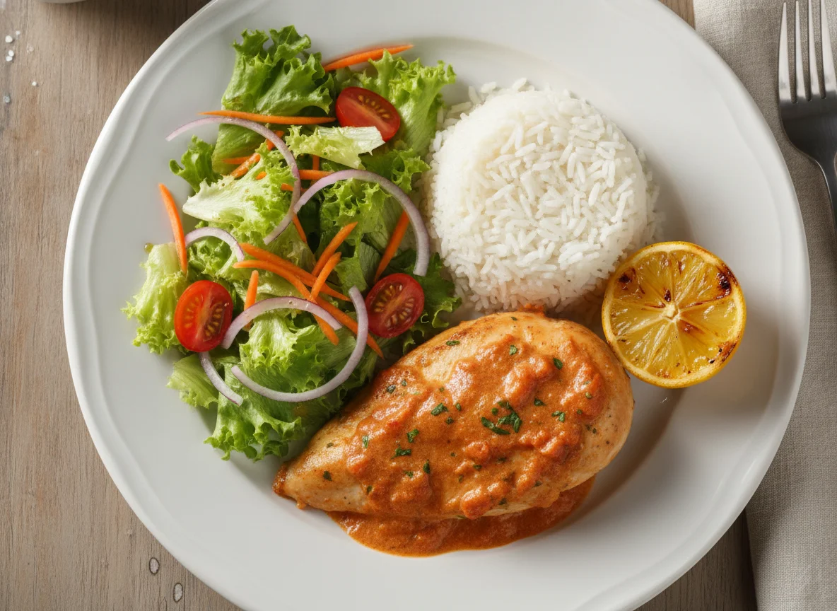 Pollo en salsa con arroz y ensalada fresca photo