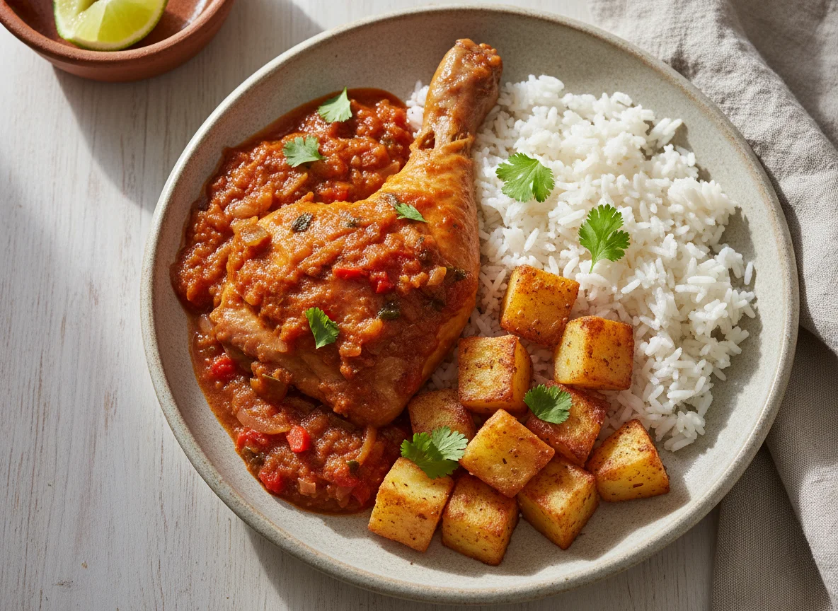 Pollo en salsa con arroz y papa photo
