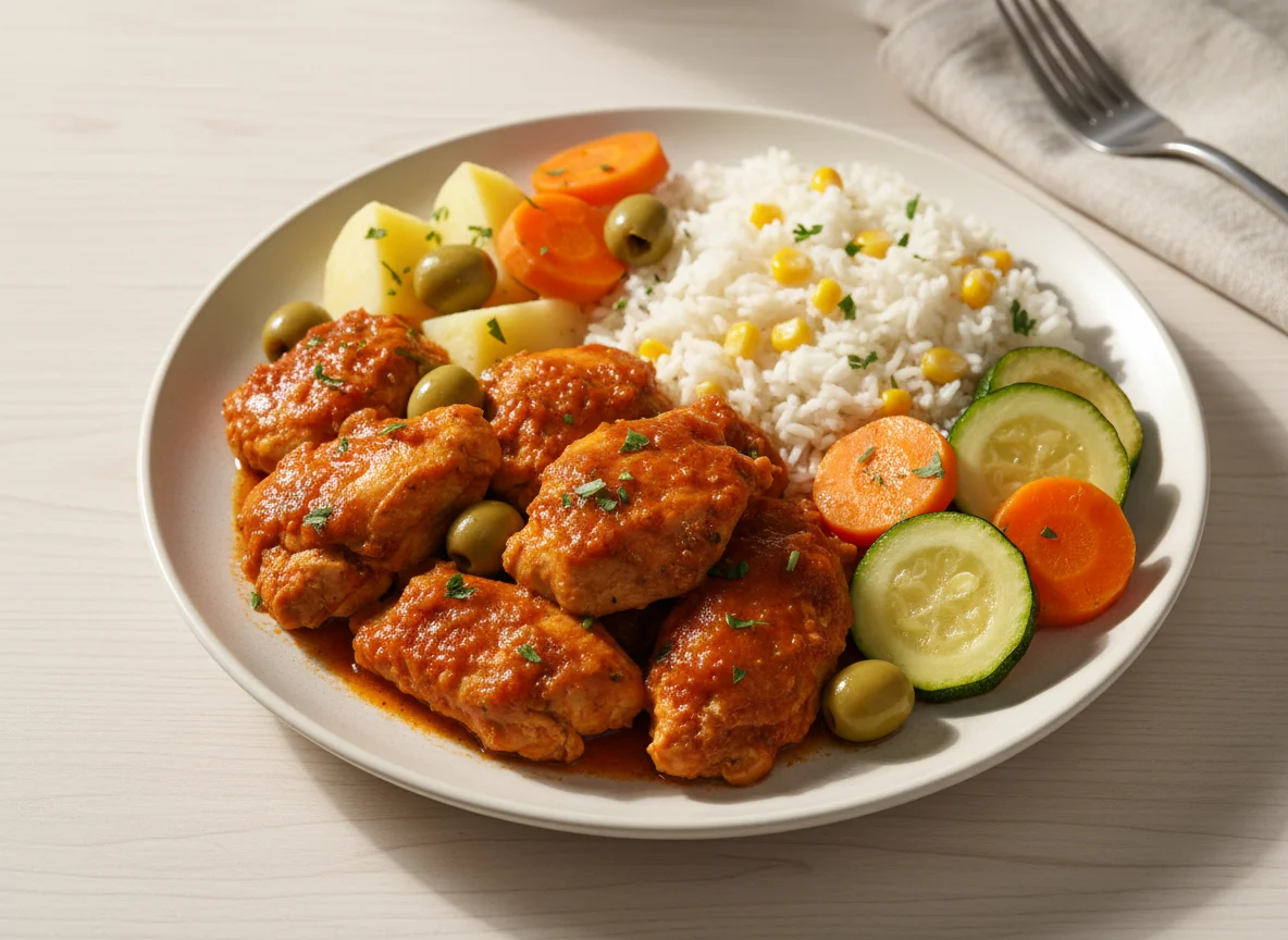Pollo en salsa con arroz y vegetales photo