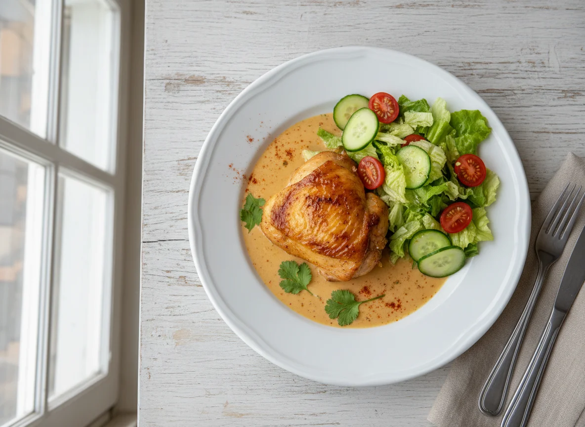 Pollo en salsa con ensalada photo