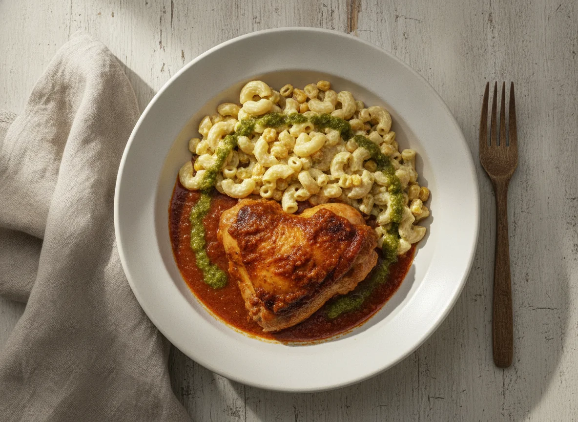 Pollo en salsa con ensalada de coditos photo