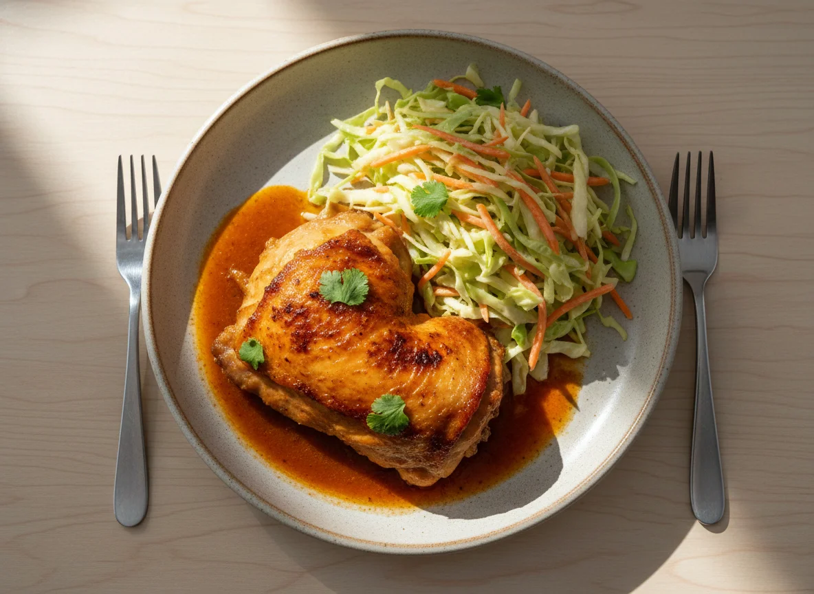 Pollo en salsa con ensalada de col photo