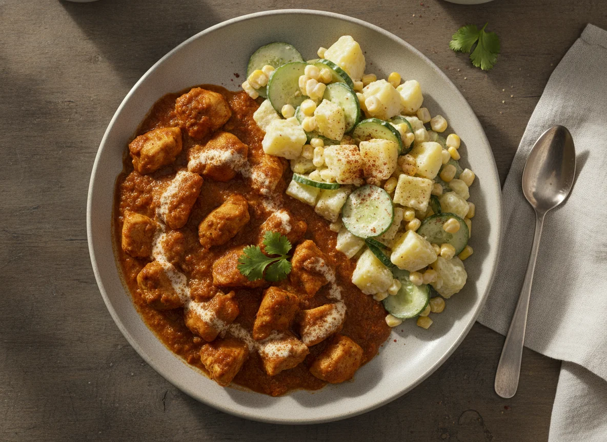 Pollo en salsa con ensalada de papa y pepino photo