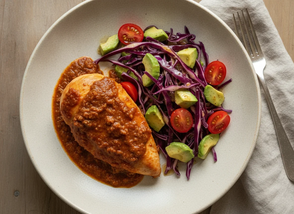 Pollo en salsa con ensalada de repollo morado y aguacate photo