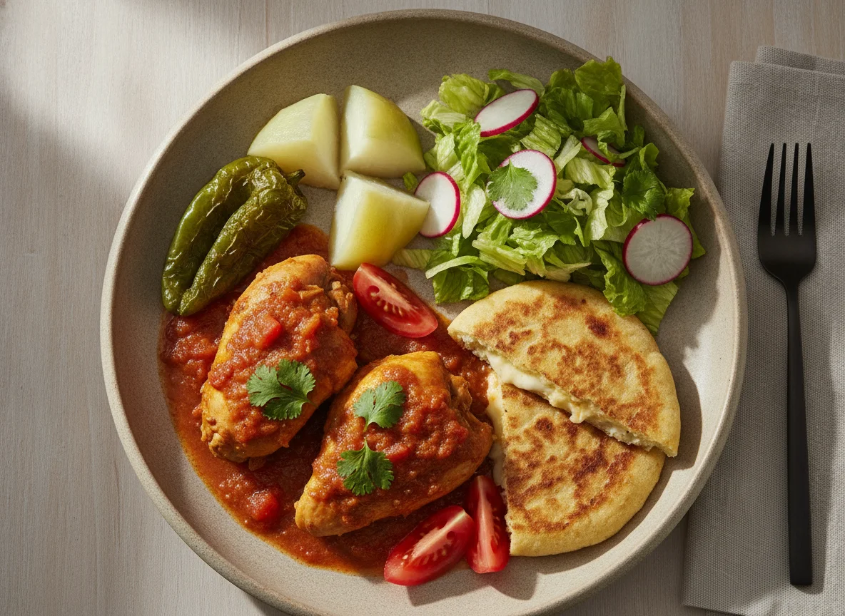 Pollo en salsa con ensalada fresca y pupusa photo