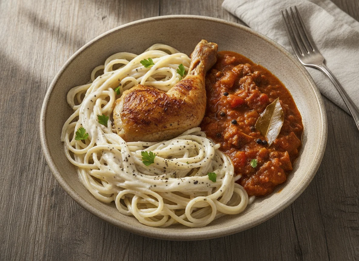 Pollo en salsa con espagueti a la crema photo
