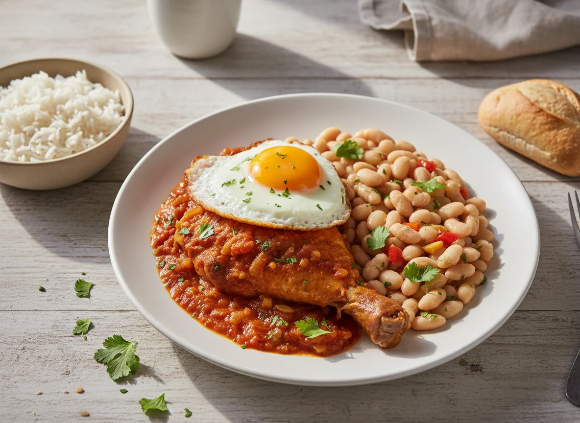 Pollo en salsa con huevo frito y frijoles photo