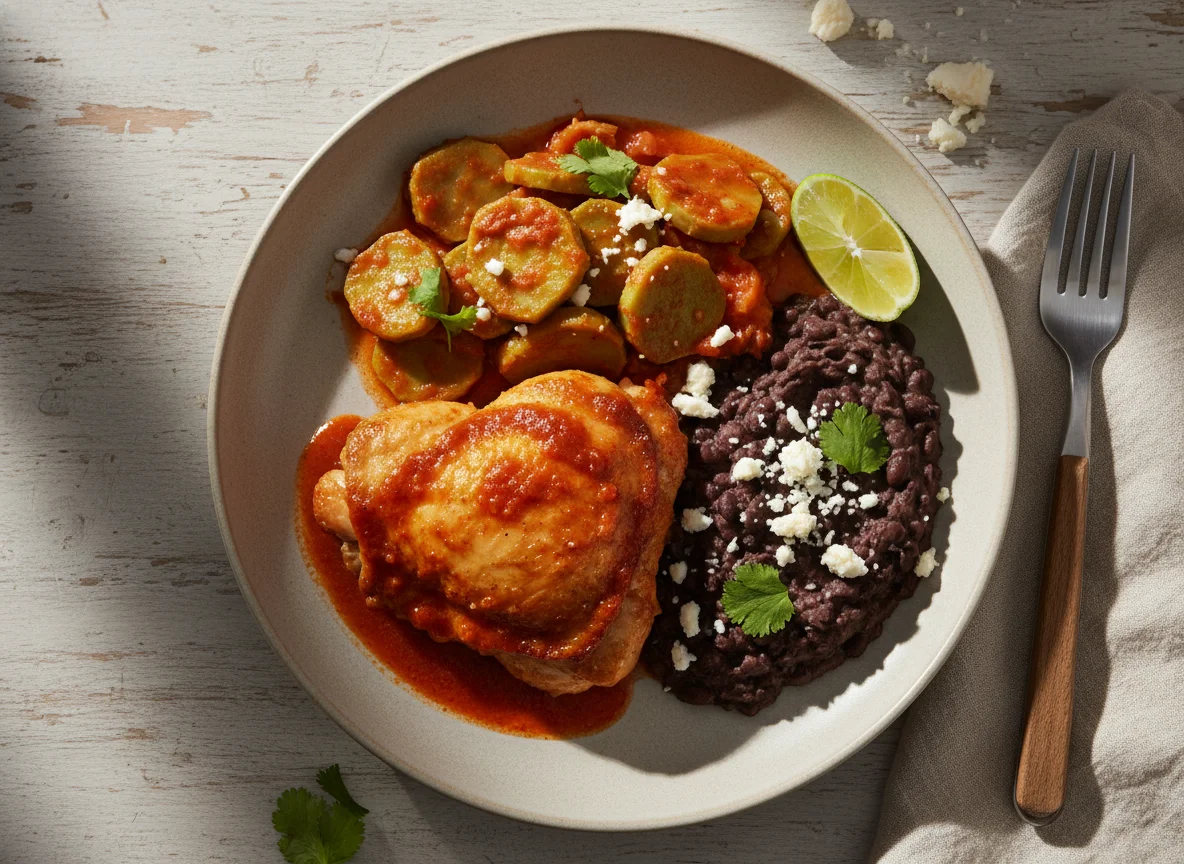 Pollo en salsa con nopales y frijoles photo