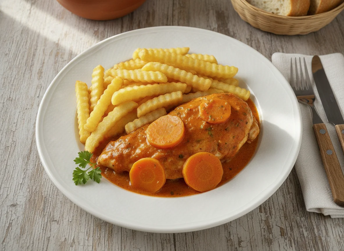 Pollo en salsa con patatas fritas photo