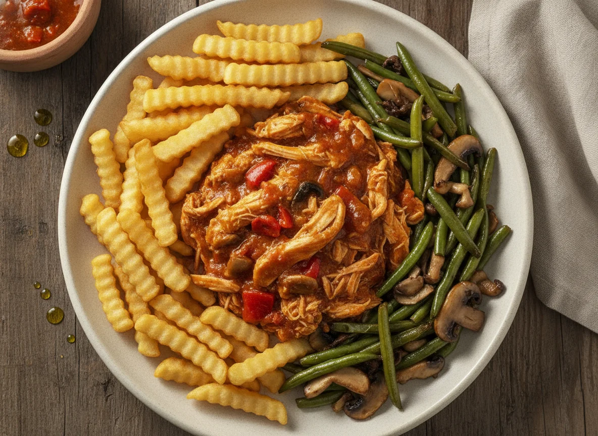Pollo en salsa con patatas fritas y verduras salteadas photo