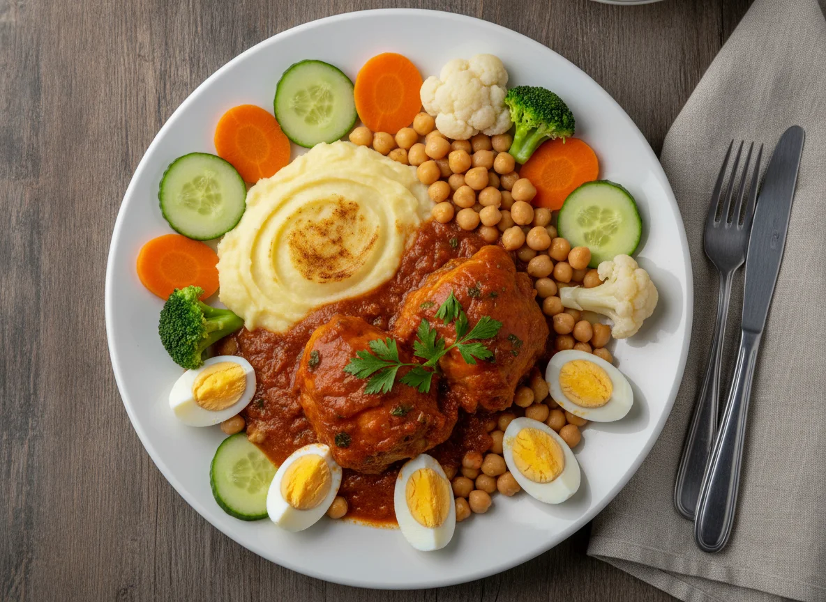 Pollo en salsa con puré de papa, garbanzos y vegetales photo