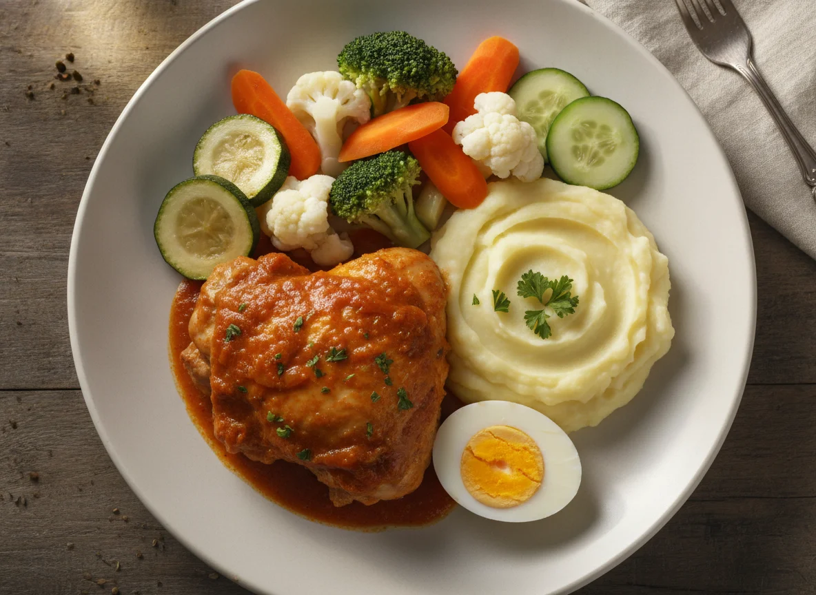 Pollo en salsa con puré de papa, huevo y vegetales photo