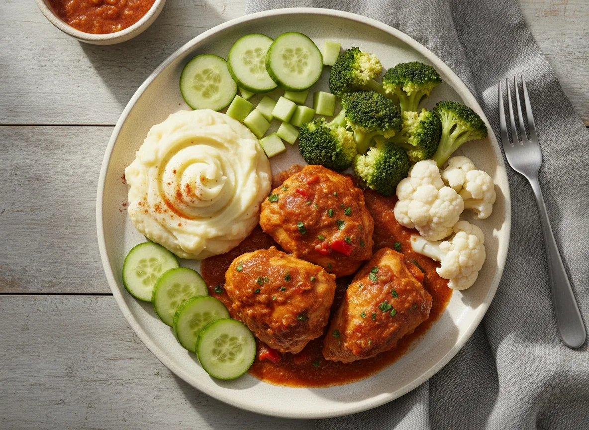 Pollo en salsa con puré de papa y vegetales photo