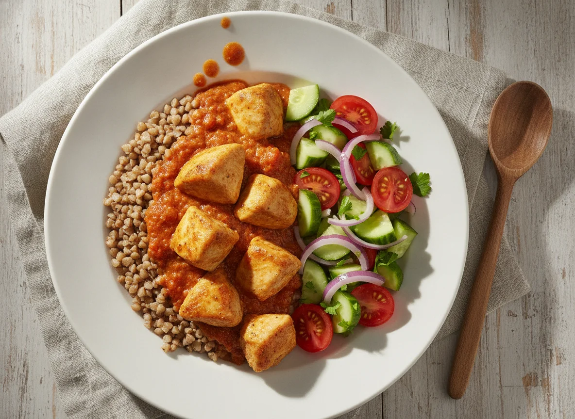 Pollo en salsa con trigo sarraceno y ensalada fresca photo