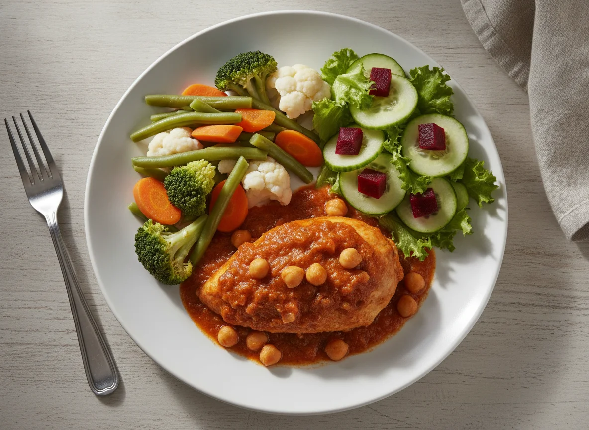Pollo en salsa con vegetales al vapor y ensalada fresca photo