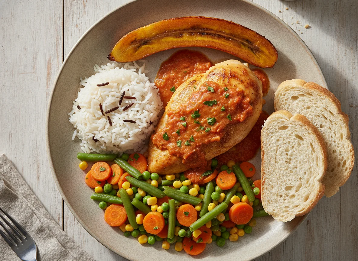 Pollo en salsa con verduras, arroz, pan y plátano photo