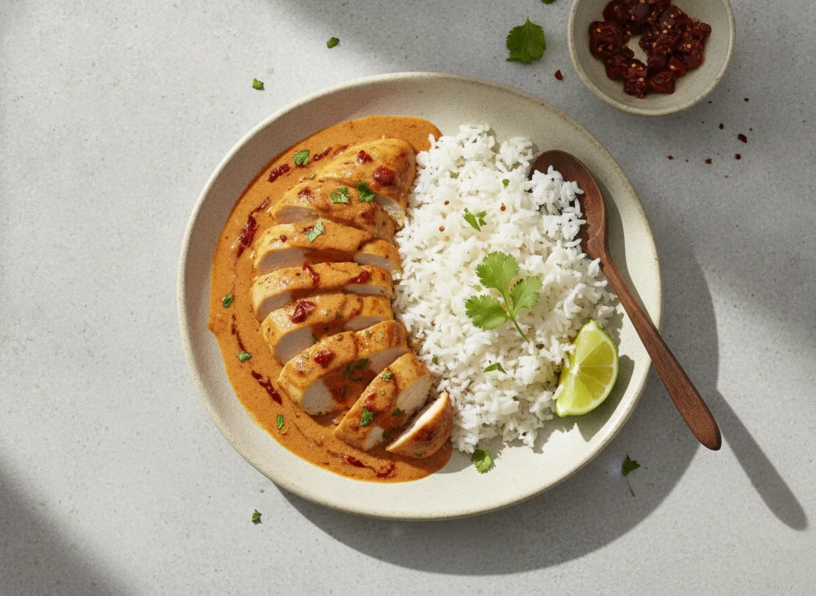 Pollo en salsa cremosa con arroz photo